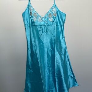 Turquoise Satin Chemise with Floral Embroidery